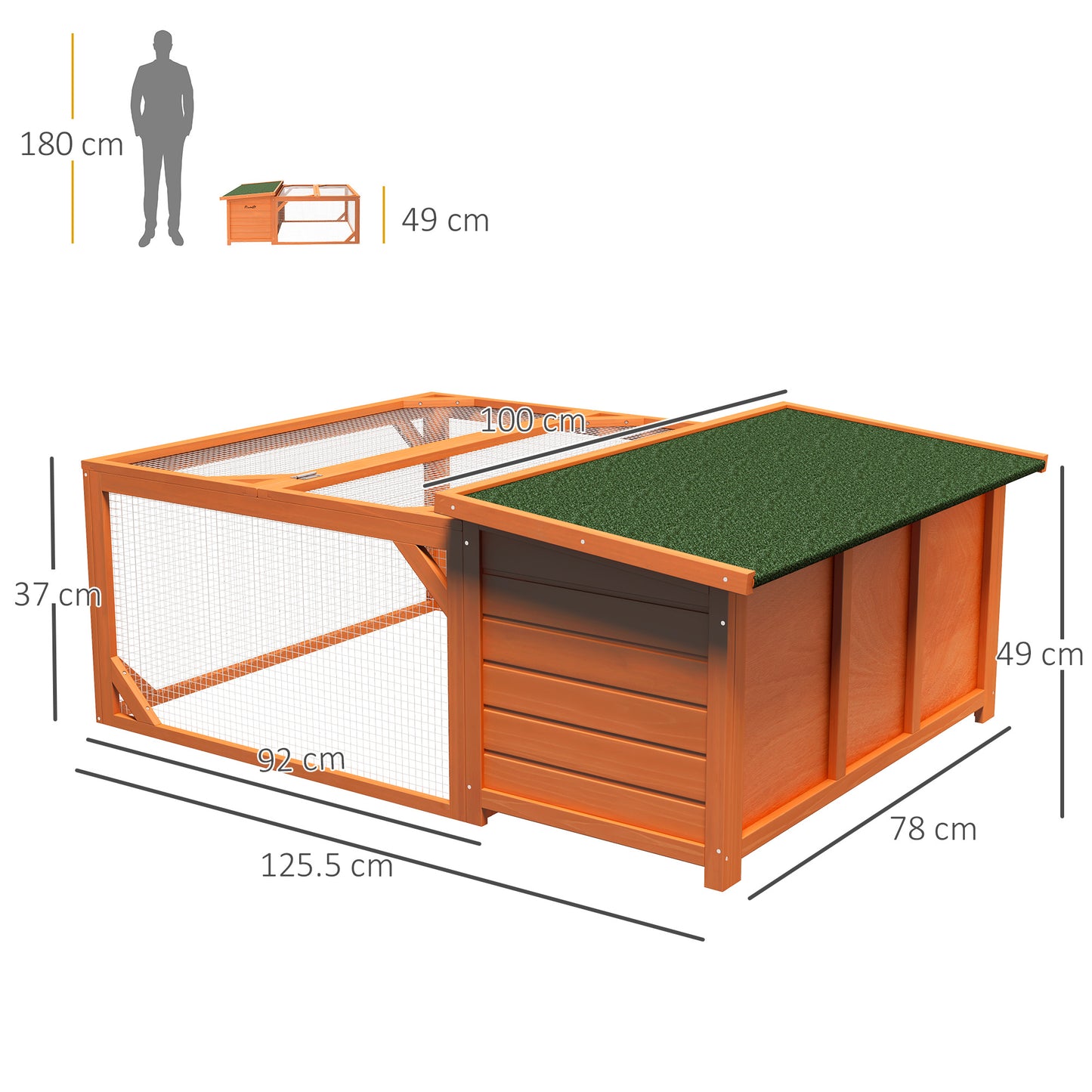 PawHut Rabbit Hutch Outdoor Guinea Pig Hutch with Run Small Animal Off-ground Duck House Hideaway Backyard with Openable Roof 125.5 x 100 x 49cm Orange