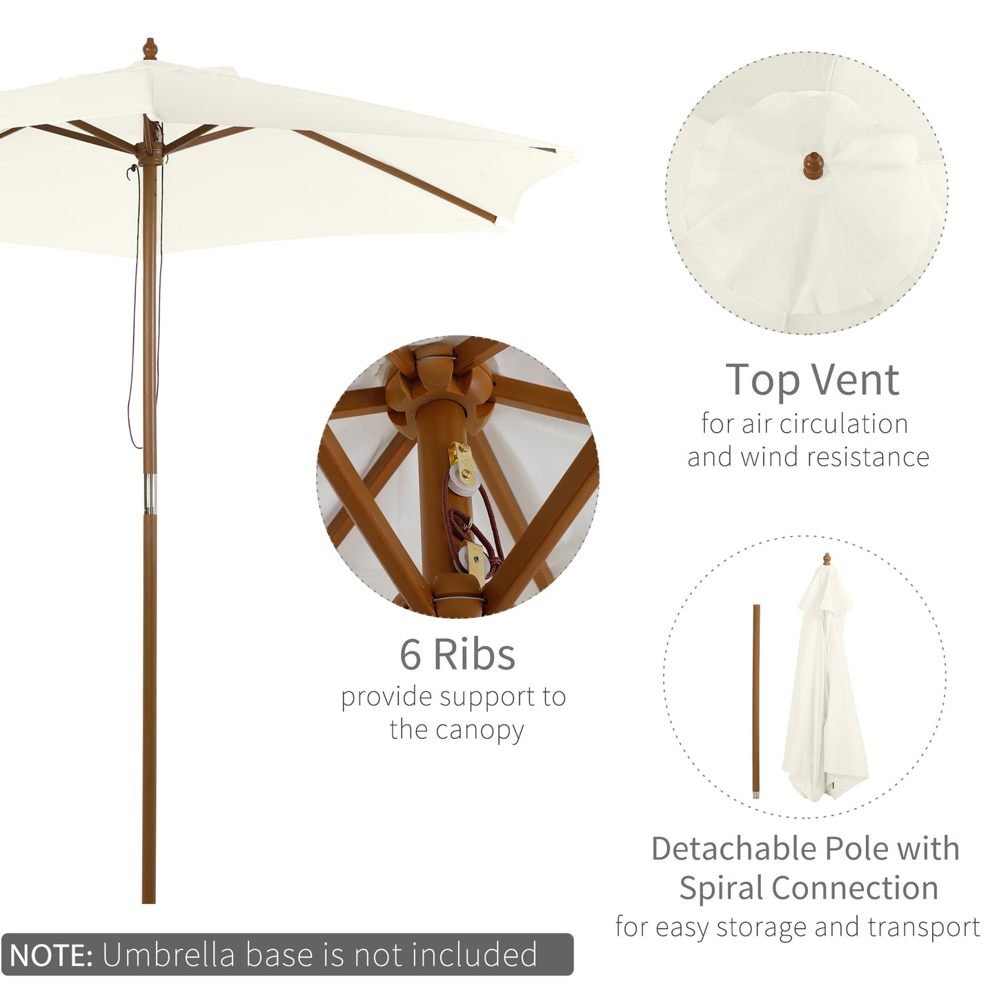 Outsunny 2.5m Patio Umbrella, Wood Garden Parasol, Sun Shade with 6 Ribs and Top Vent for Outdoor, White