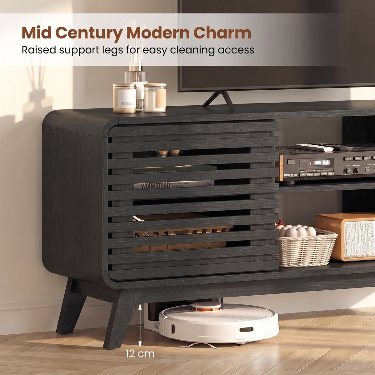 TV Stand for 65" TVs Mid Century Modern Entertainment Center-Black
