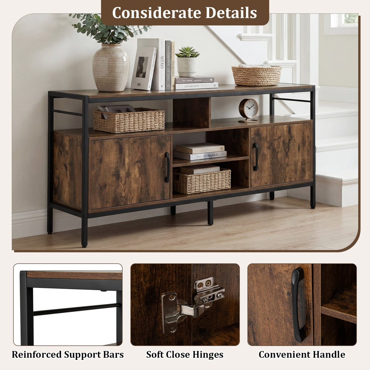 TV Stand for TVs up to 147 cm with 2 Storage Cabinets and 4 Open Shelves-Rustic Brown