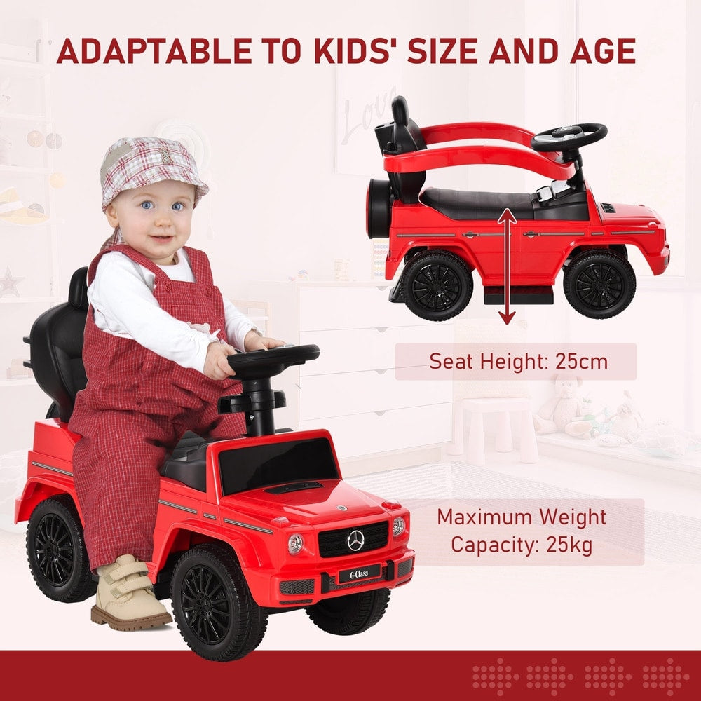 A baby sits in the red ride-on push car, with seat height and weight capacity shown