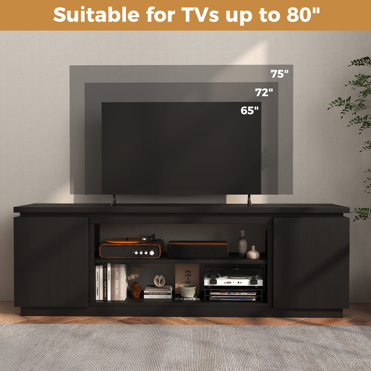 TV Cabinet for TVs up to 80 Inch Media Console Table with 3 Adjustable Shelves-Black