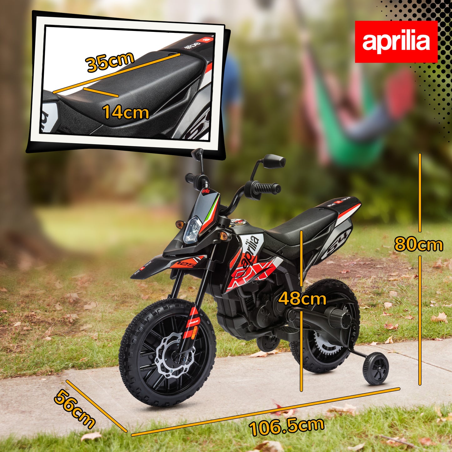 دراجة نارية للأطفال من AIYAPLAY، ١٢ فولت، مرخصة من Aprilia، مزودة بعجلات تدريب، ونظام تعليق زنبركي، ومصباح أمامي LED، وUSB، وموسيقى، لون أحمر/أسود