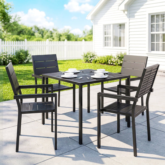 Outsunny 5 Pieces Garden Dining Set, Garden Table and Chairs Set for 4 with Square HDPE Table and Chairs with Armrests, Black