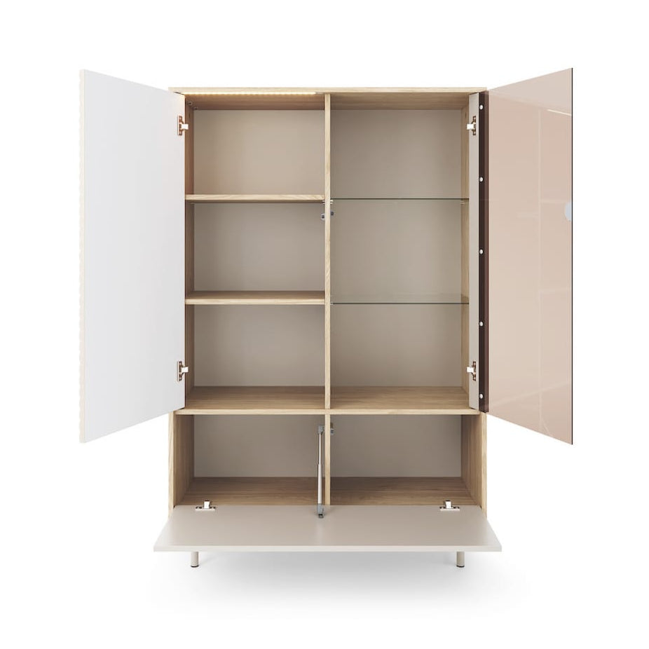 Beige cabinet with open doors on a white background