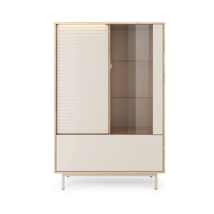Modern cabinet with sliding glass door on a white background