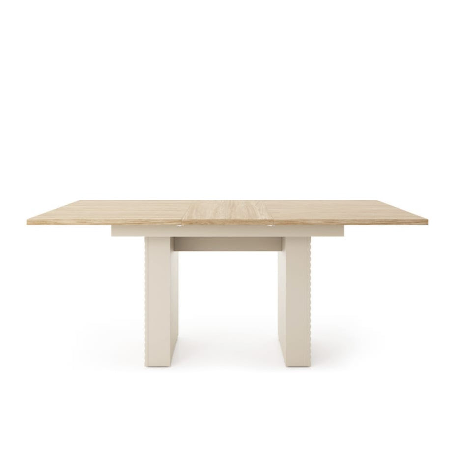 Wooden table with white base on a white background
