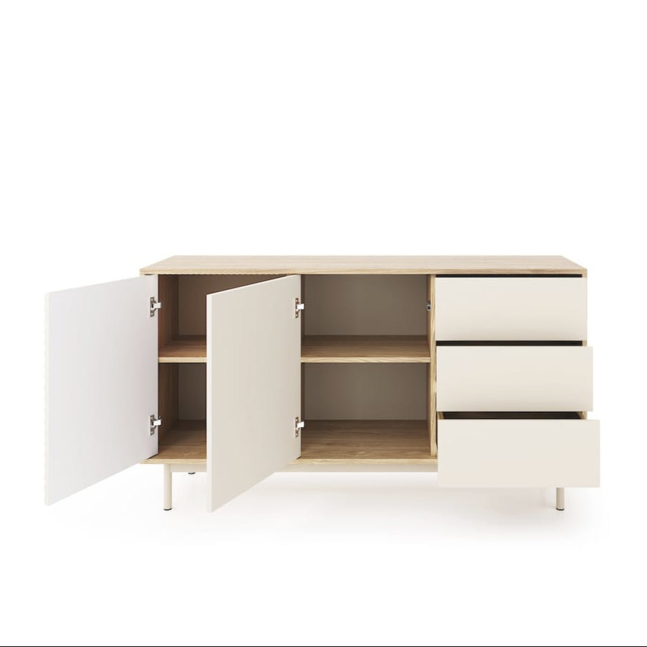 Modern cabinet with open doors on a white background