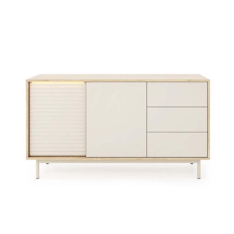 Modern sideboard with light wood finish and white doors on a white background