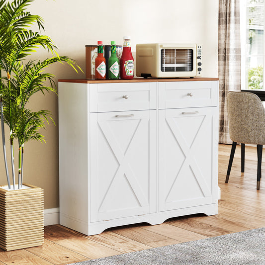 Tilt Out Trash Can Cabinet with Outlets and Adjustable Shelf for Kitchen-White