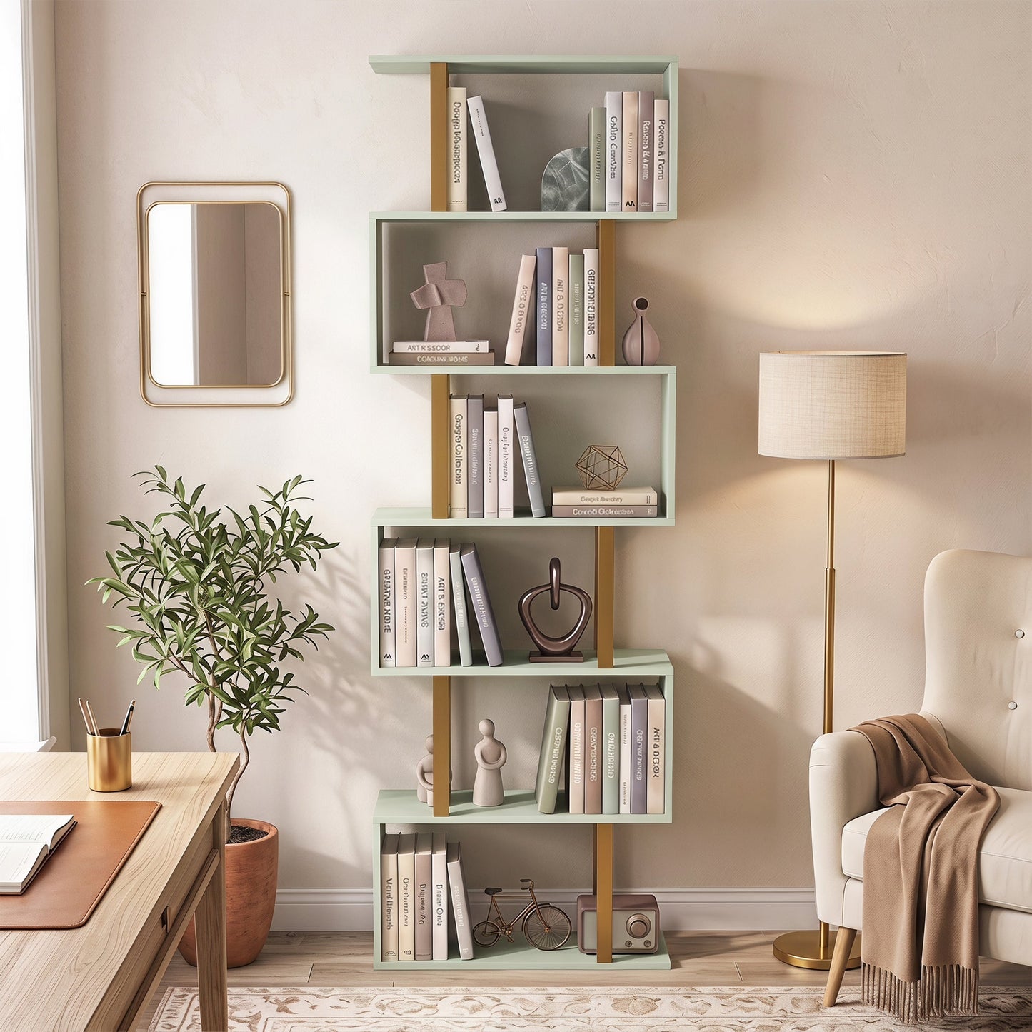 HOMCOM S-Shaped Bookshelf, 5-Tier Bookcase, Freestanding Storage Shelves with Anti-Tip Strap for Living Room, Light Green