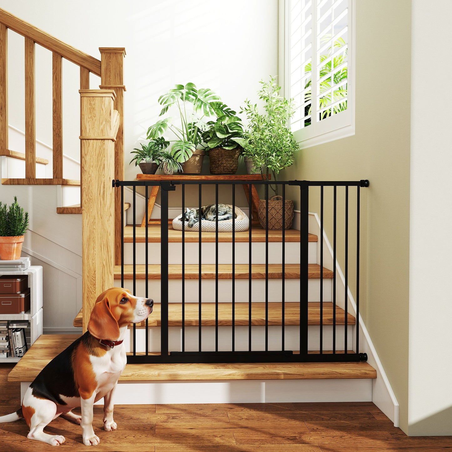 PawHut Dog Gate Pet Safety Gate Stair Barrier Pressure Fit Adjustable 76-82/86-97/101-107 cm, Black