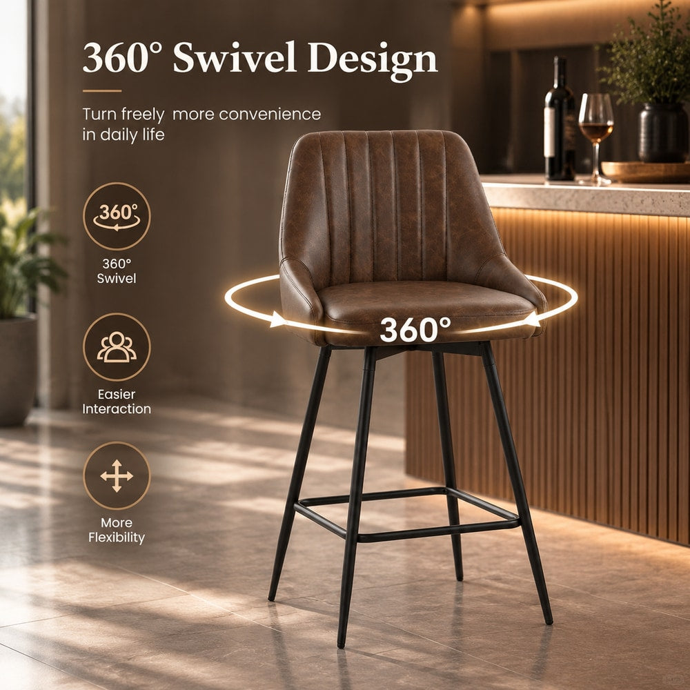 HOMCOM Bar Stools Set of 2, Swivel Counter Height Barstools with PU Leather, for Kitchen Island, Dining Room, Dark Brown