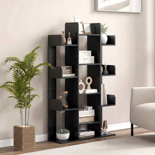 The black tree bookshelf organiser has 13 open shelves for books and display items