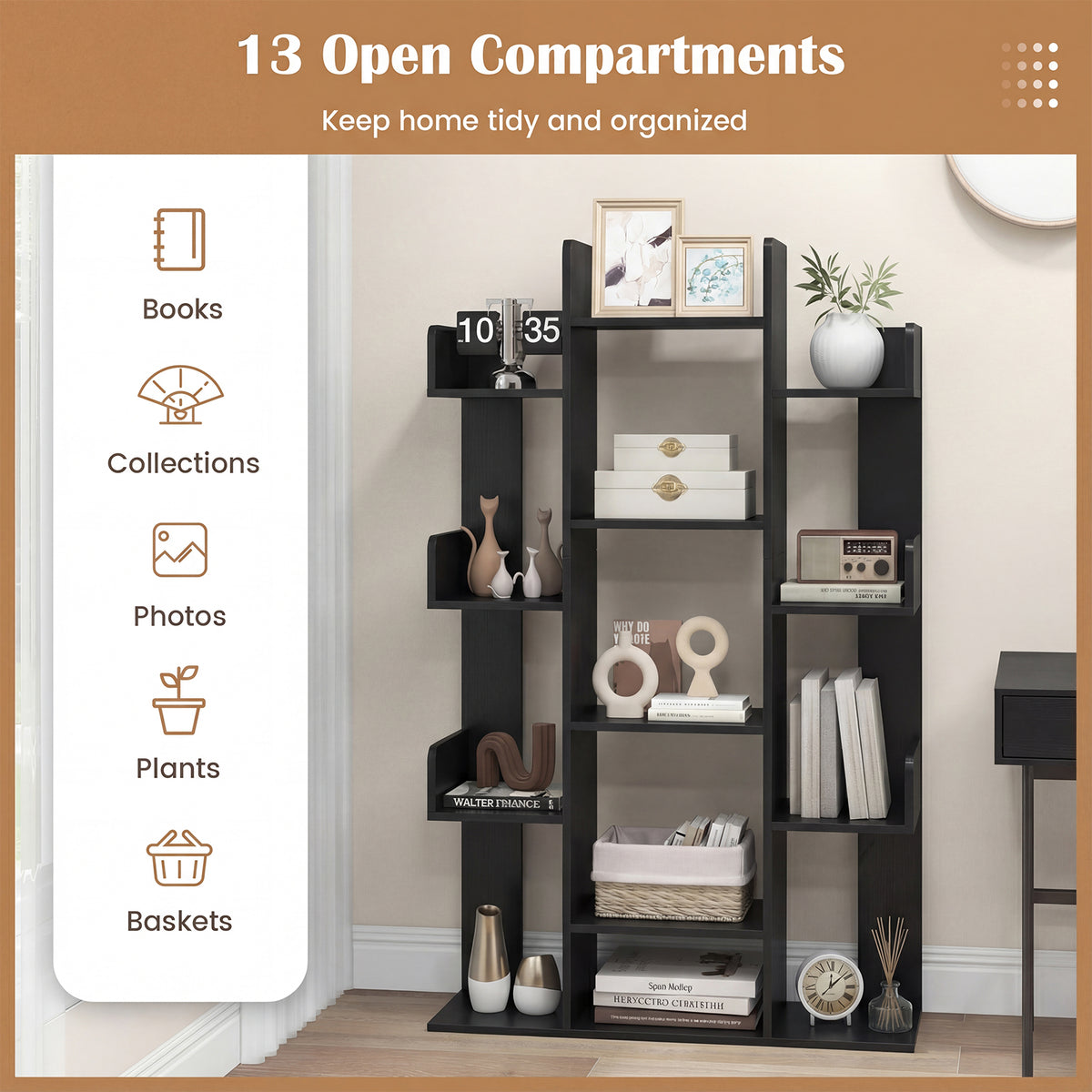Tree Bookshelf Corner Books Storage Organizer with 13 Open Shelves-Black