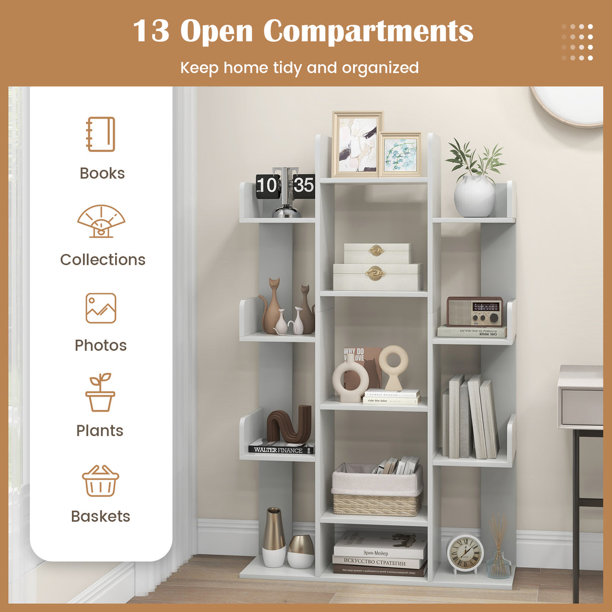 Tree Bookshelf Corner Books Storage Organizer with 13 Open Shelves-Grey