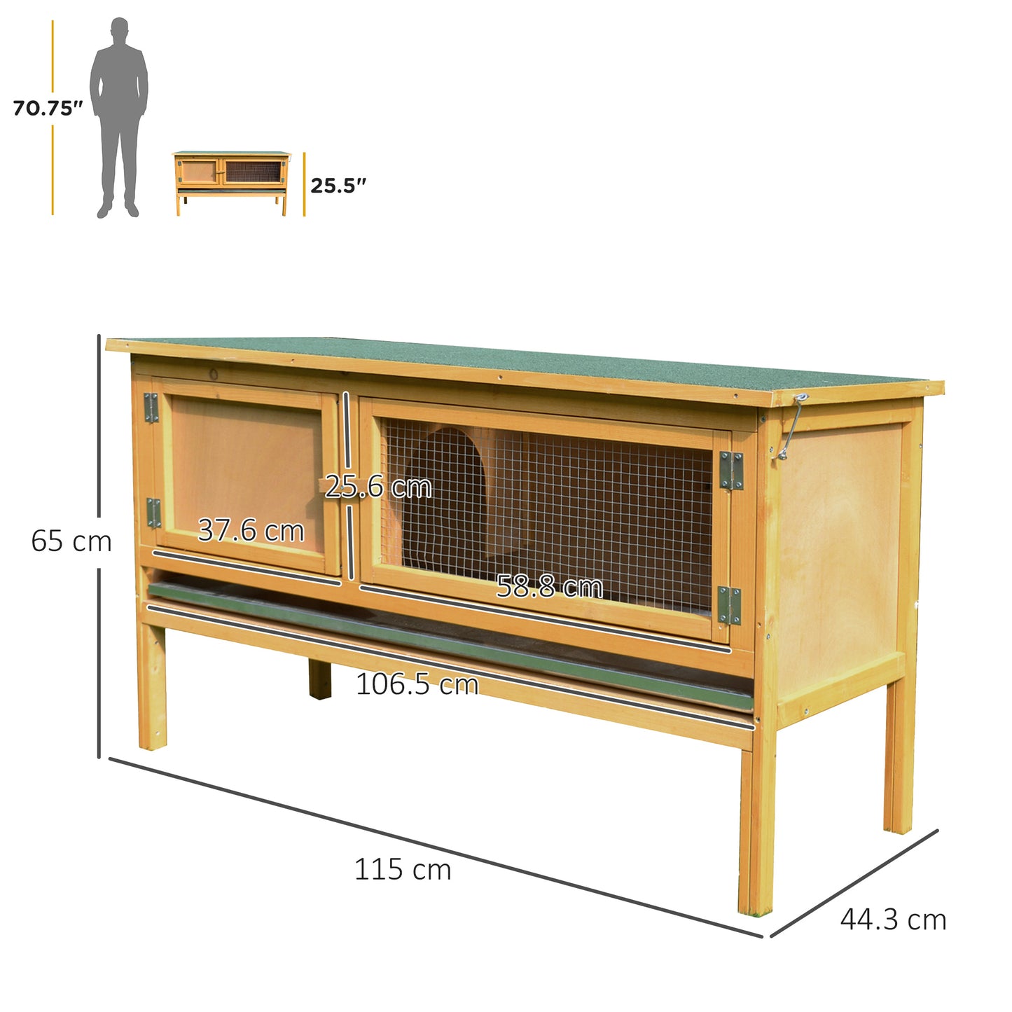قفص أرانب PawHut خارجي لخنزير غينيا قفص أرانب صغير للحيوانات مع سقف قابل للفتح، 115 × 44 × 65 سم