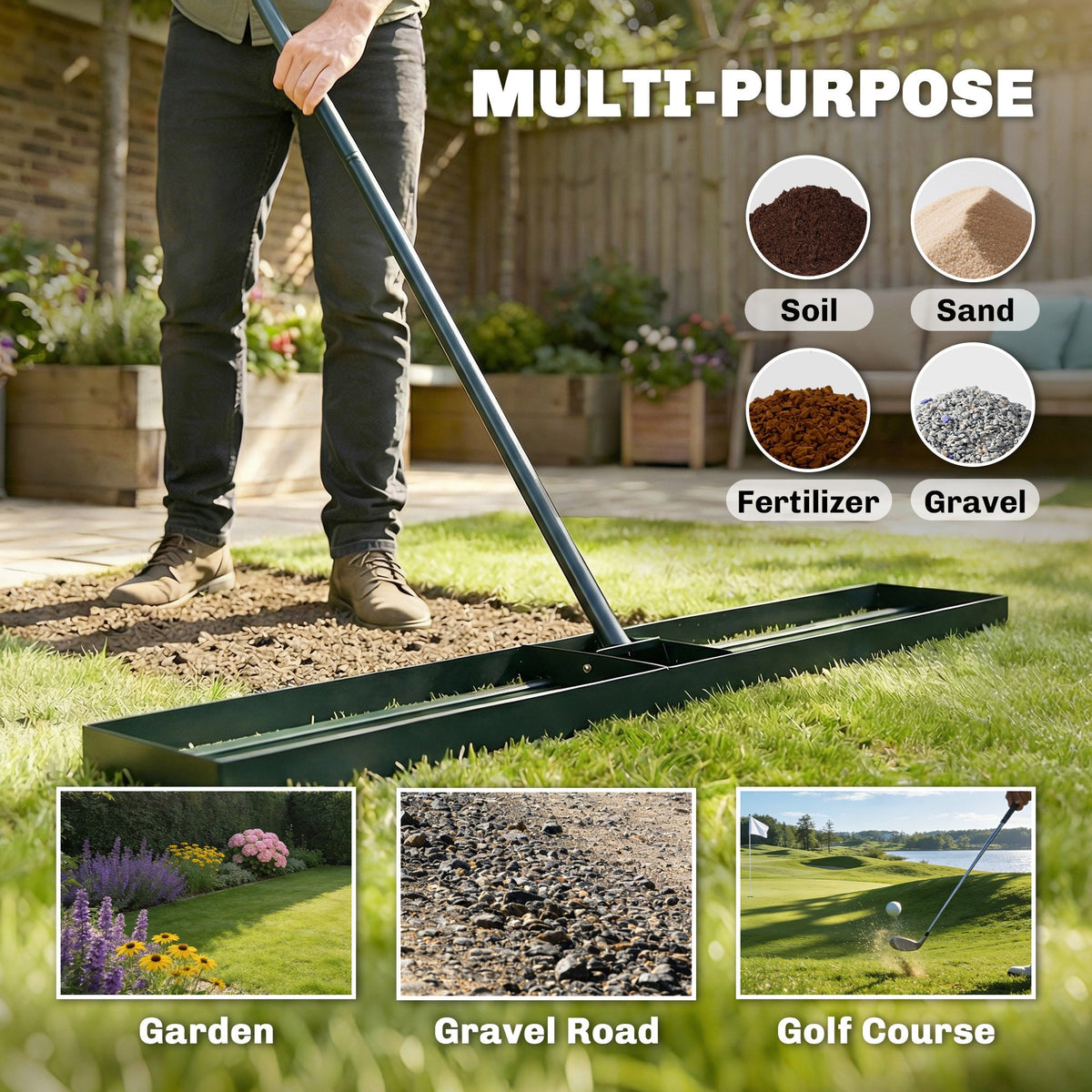 Outsunny Lawn Levelling Rake, 113 x 26 cm Lawn Leveller Lute with 169 cm Handle for Grass Soil Sand Yard Golf Course
