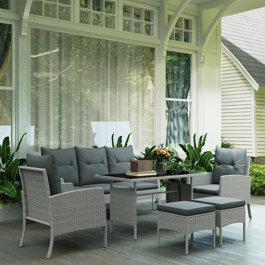 Outsunny 7 Seater Rattan Garden Furniture Set, 6 Piece Patio Dining Set, Armchairs, 3-Seater Sofa, Footstools, Glass Dining Table, Cushions, Wicker Outdoor Furniture for Conservatory Patio, Grey