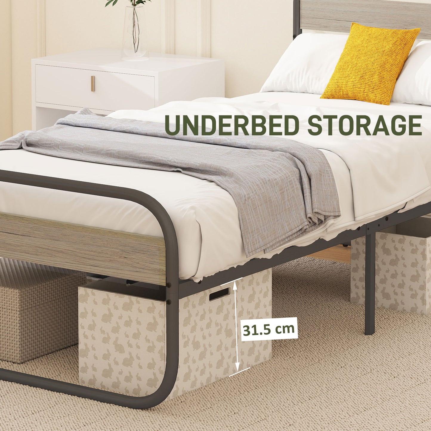 HOMCOM 3ft Single Bed Frame, Industrial Style Metal Platform Bed Frame with Under Bed Storage, No Box Spring Needed, Easy Assembly, Grey