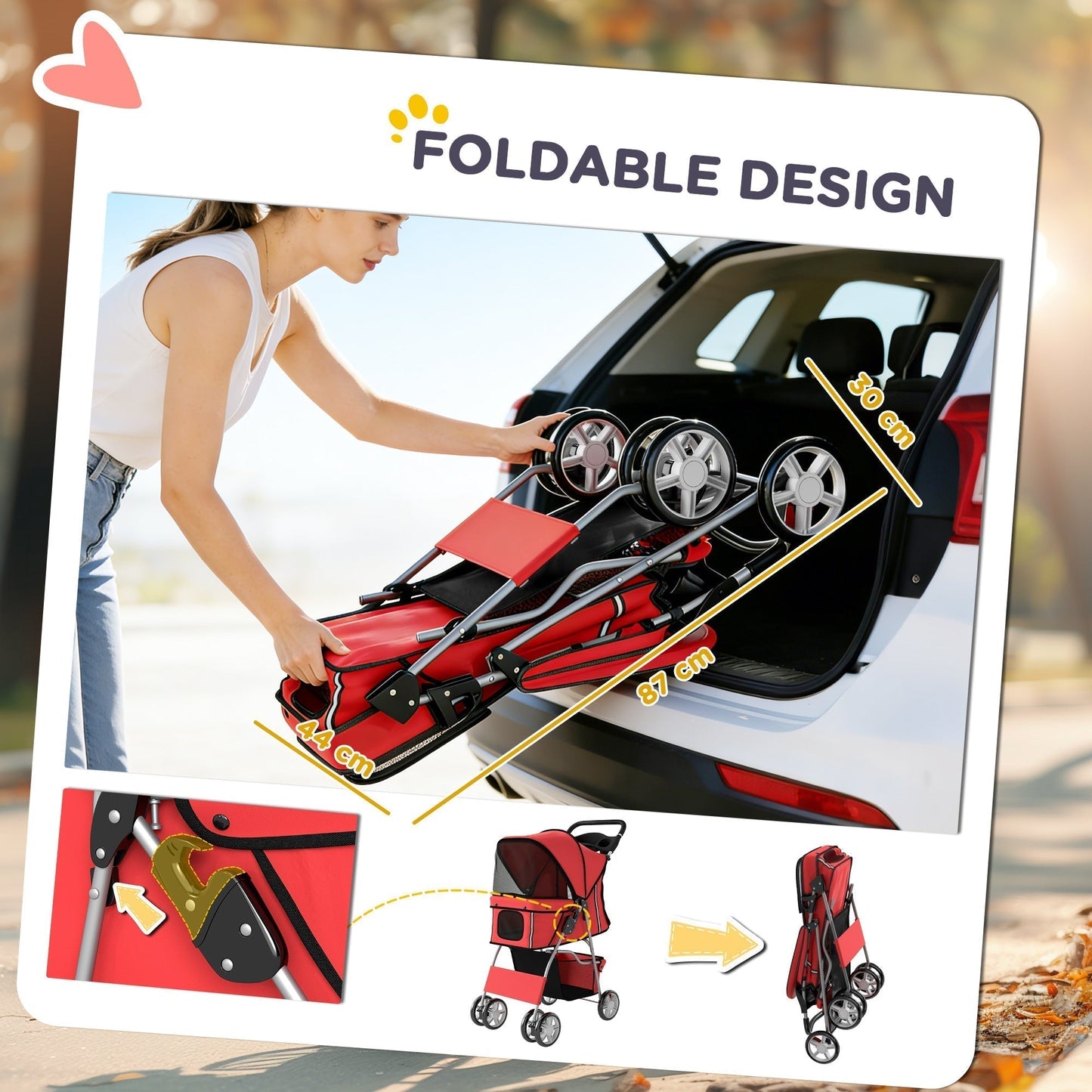 PawHut Dog Pram, Pet Stroller with Reflective Strips, Foldable Cat Stroller with 360 degrees Swivel Wheels, Red
