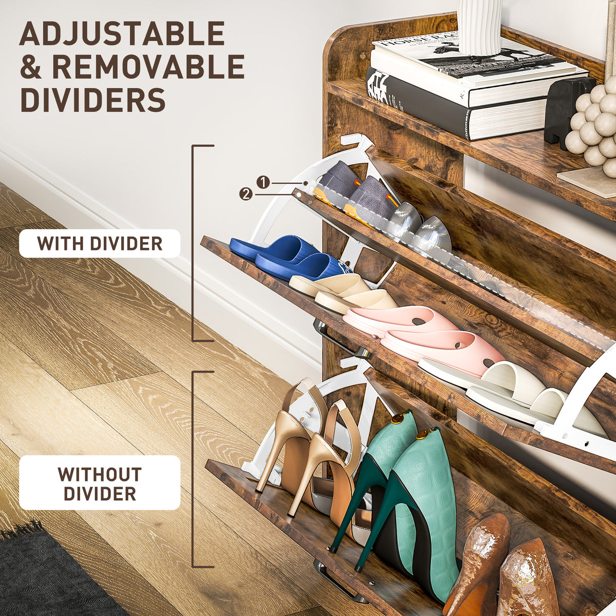 HOMCOM Two Flip Drawer Narrow Shoe Cabinet in Rustic Brown