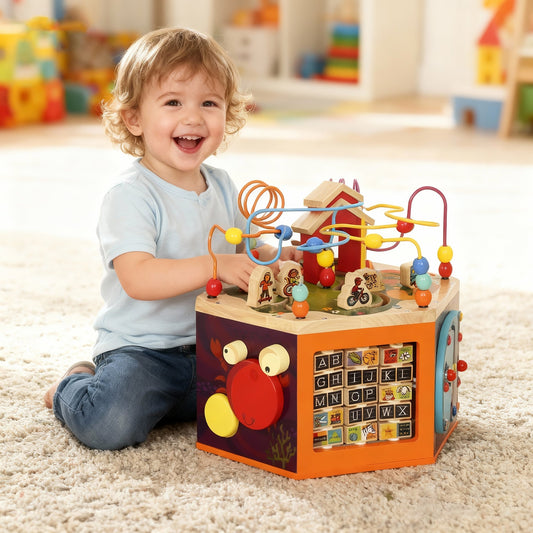 AIYAPLAY 8 in 1 Wooden Activity Cube with Bead Maze, Shape Sorter, for Kids Boys Girls 18+ Months