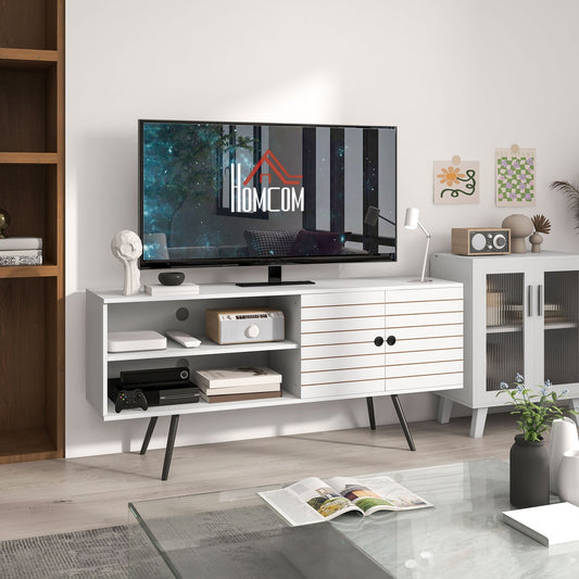 حامل تلفزيون HOMCOM مع خزانة، أرفف مفتوحة، أبواب مخططة، أرجل خشبية، أبيض