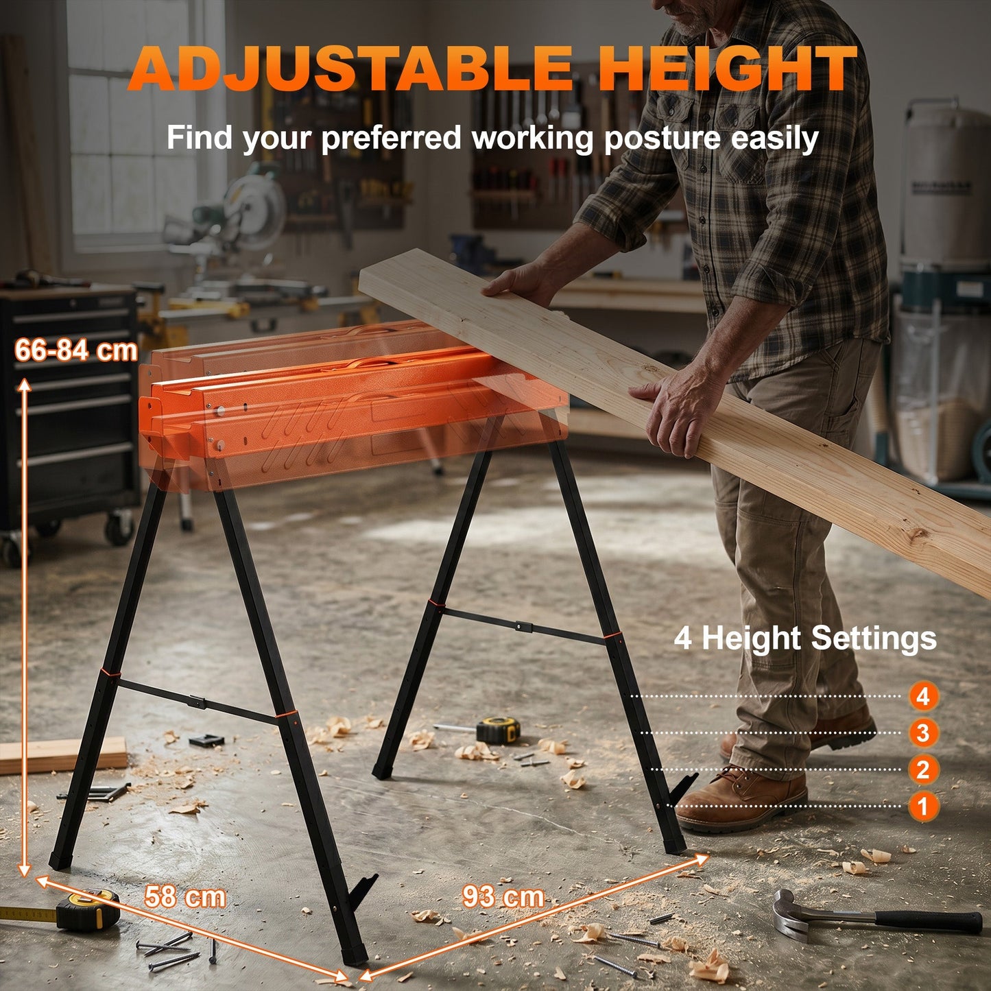 HOMCOM Saw Horses Twin Pack, Folding Work Bench Sawhorses with Height Adjustable Legs, 2x4 Bracket, Orange