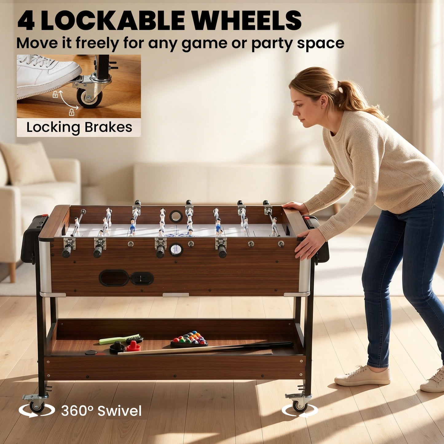 SPORTNOW 3 in 1 Multi Game Table, 3.4ft Reversible Air Hockey Pool Football Games Table with Lockable Wheels, Storage Shelf
