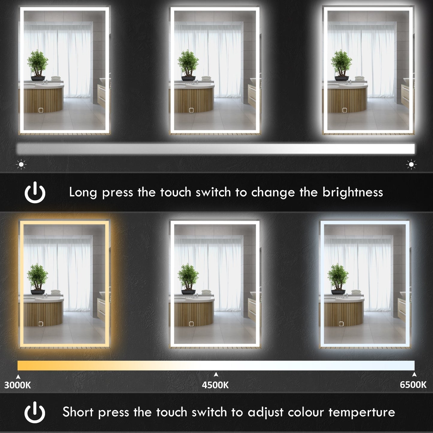 مرآة حمام LED من هومكوم مقاس 70 × 50 سم مع إضاءة، مرآة مكياج قابلة للتعتيم، مرآة زينة بثلاثة ألوان، تعمل باللمس الذكي، ومضادة للضباب