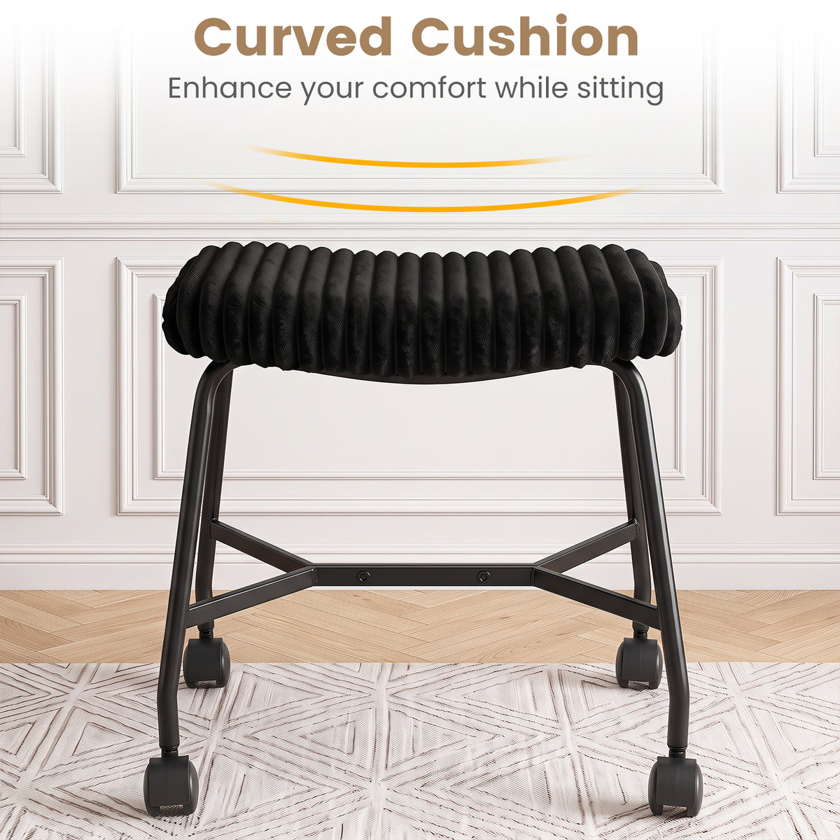 Upholstered Footrest Stool Set of 2 with 4 Swivel Casters & 7.5 cm Thick Cushion for Bedroom-Black