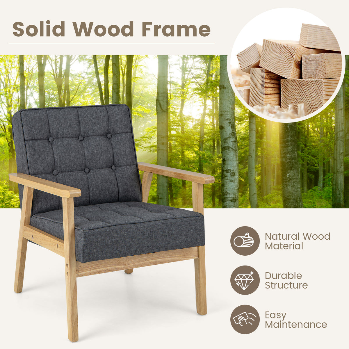 Modern Accent Chair with Rubber Wood Armrests -Grey