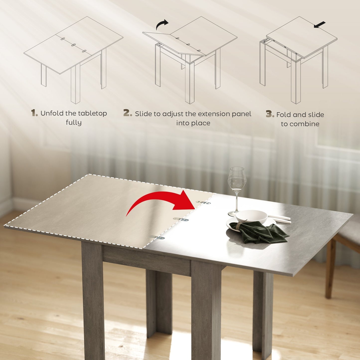 HOMCOM Folding Dining Table for 4-6, Rectangular Extendable Drop Leaf Table for Small Spaces, 140 x 80 x 77.5 cm, Grey