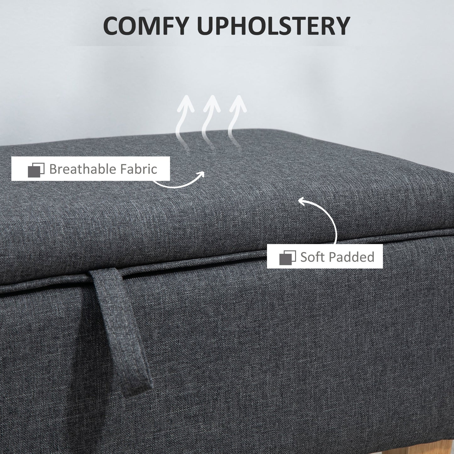 HOMCOM 30L Linen Storage Ottoman Padded Footstool with Rubberwood Legs for Storage Box, Bed End, Shoe Bench, Seating, Dark Grey