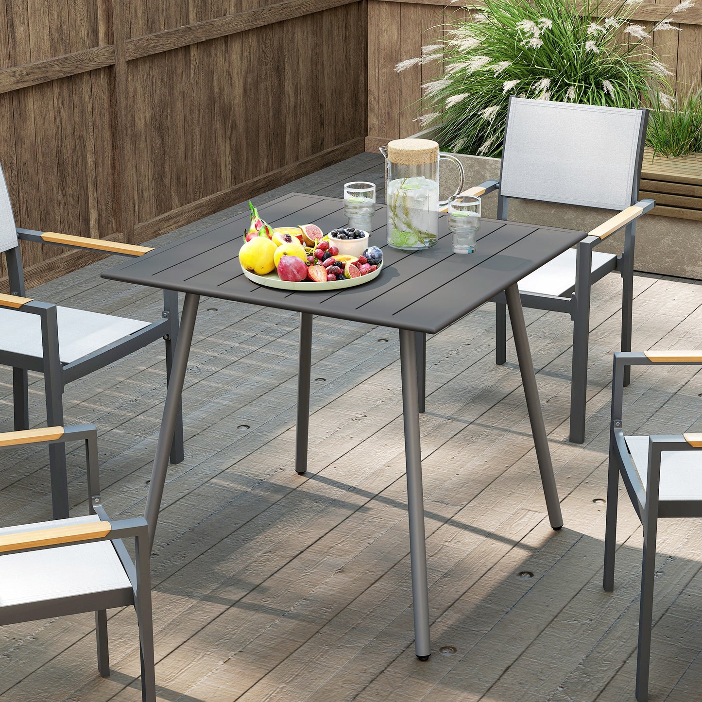 Outsunny Square Garden Table with Slat Top, Steel Frame, Outdoor Table for 4 Person, 80 x 80 x 74 cm, Grey