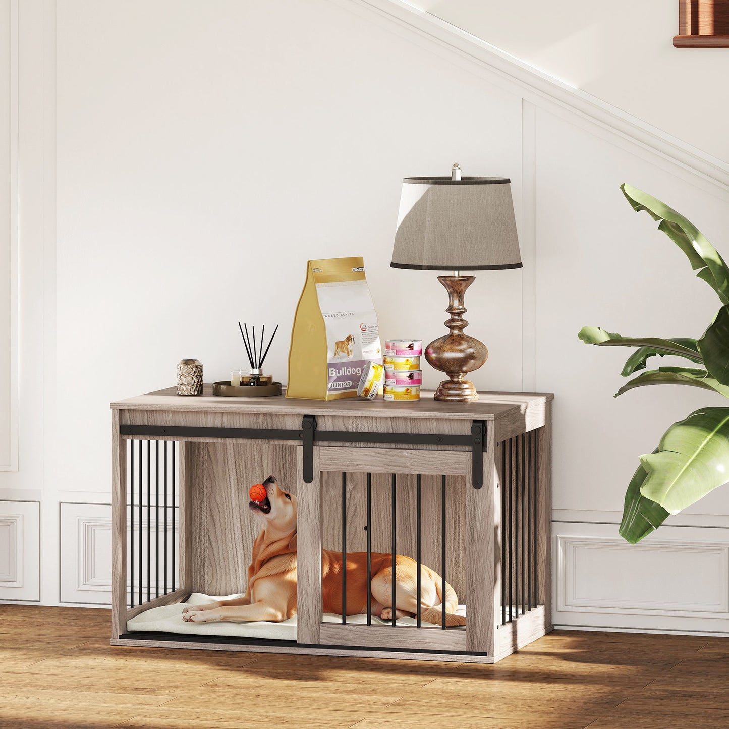 PawHut 98cm Dog Crate Furniture with Removable Cushion for Large Dogs - Brown