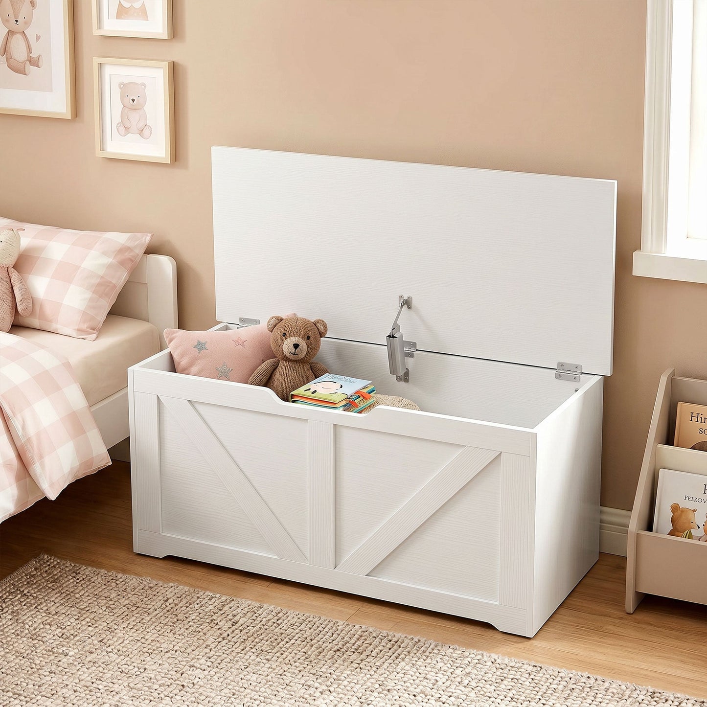 HOMCOM 100L Home Storage Box, with Safety Hinge - White Wood-Effect