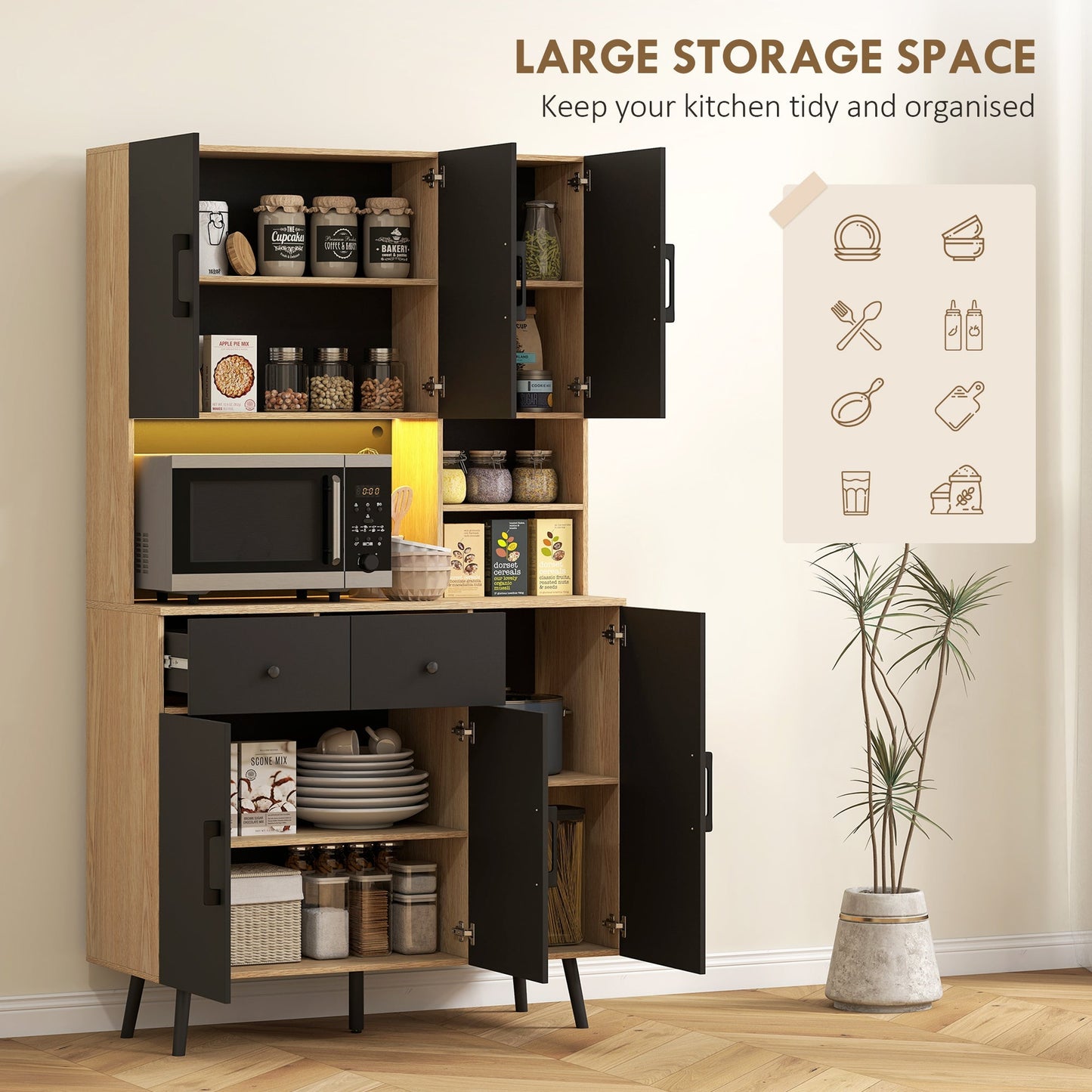 HOMCOM 176 cm Kitchen Cupboard with LED Lights - Oak and Black