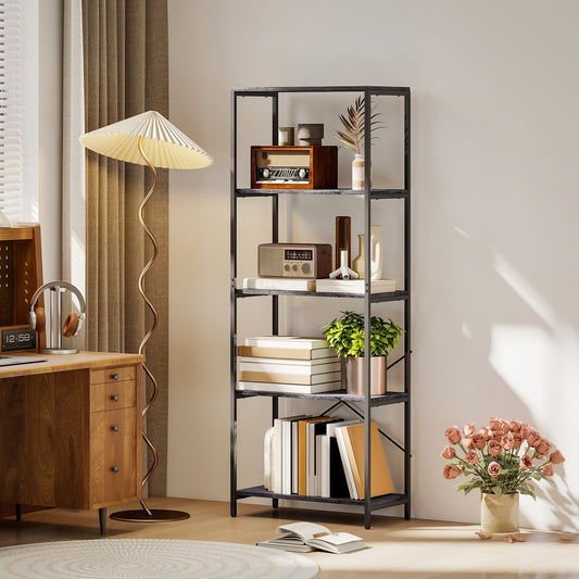 The industrial bookcase is shown in a room setting with books and decorative items on its shelves