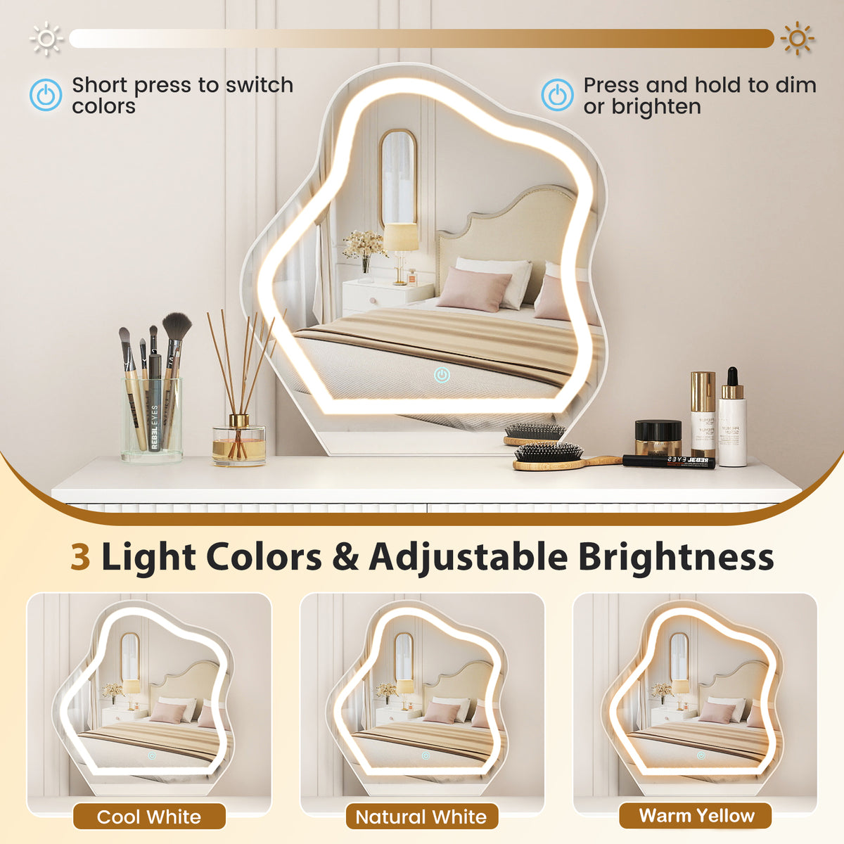 Vanity Desk with Mirror and Lights 3 Lighting Modes Adjustable Brightness-White