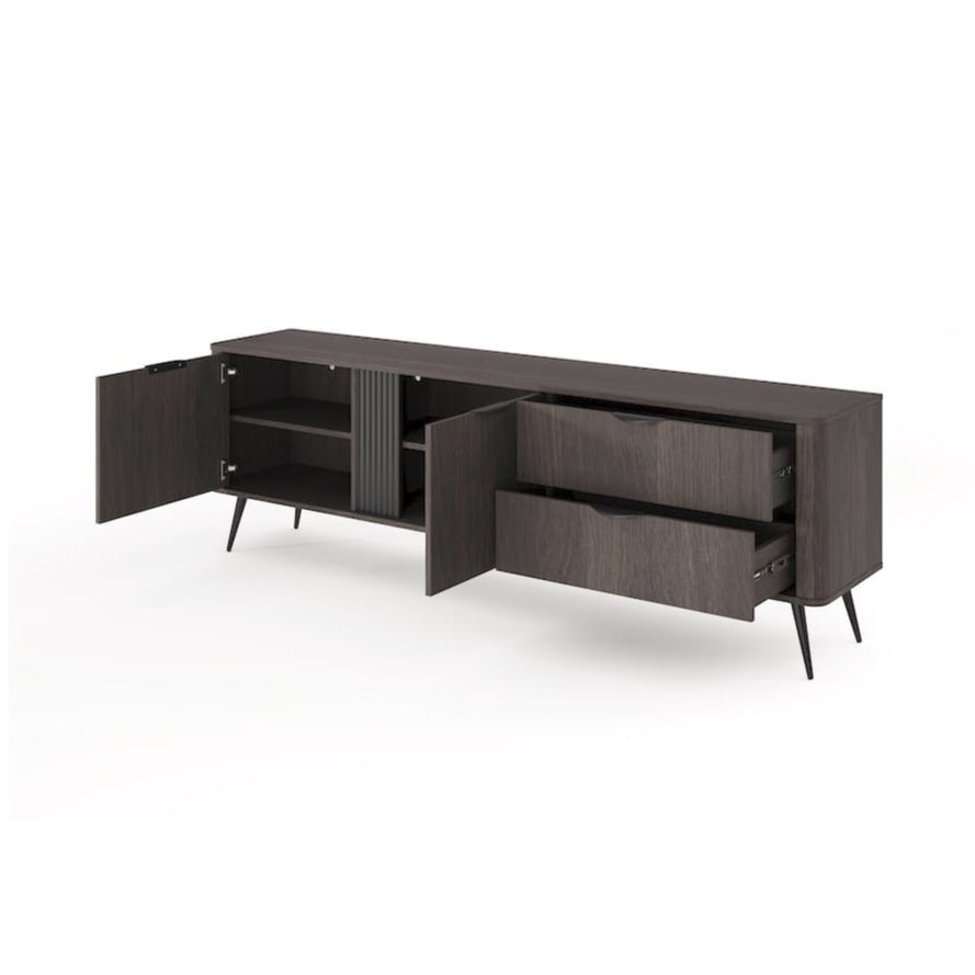 Modern dark gray sideboard with open doors on a white background
