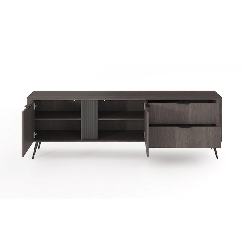 Dark wood sideboard with open doors on a white background