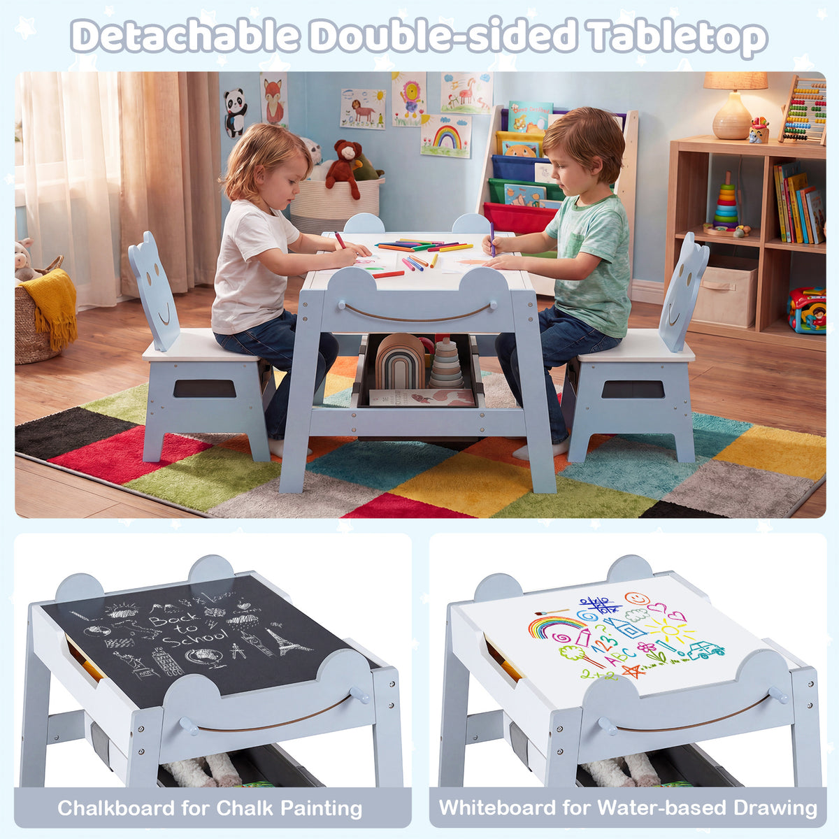 Versatile Kids Table and 2 Chairs Set Wooden Activity Table with Detachable Double-sized Tabletop for boys and girls-Grey