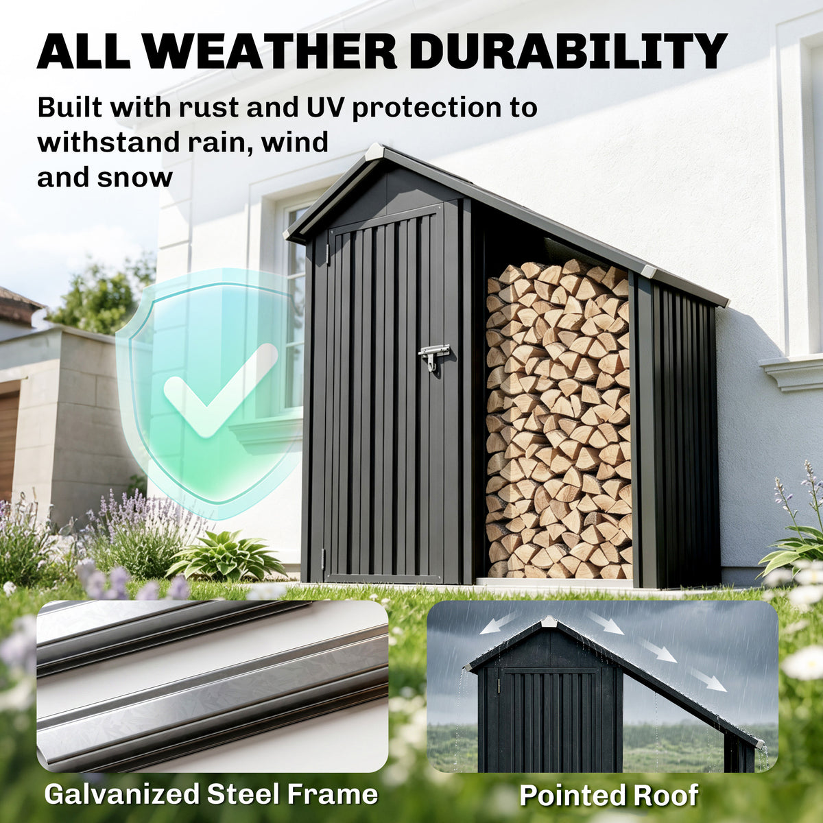 Outsunny 2 in 1 Galvanised Steel Firewood Shed in Dark Grey