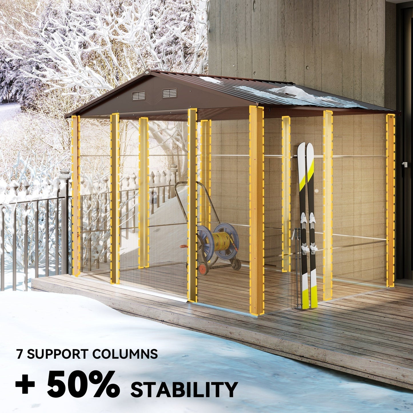 Outsunny 9 x 6ft Galvanised Steel Shed with Double Sliding Doors with 4 Ventilation Slots - Brown Wood-Effect
