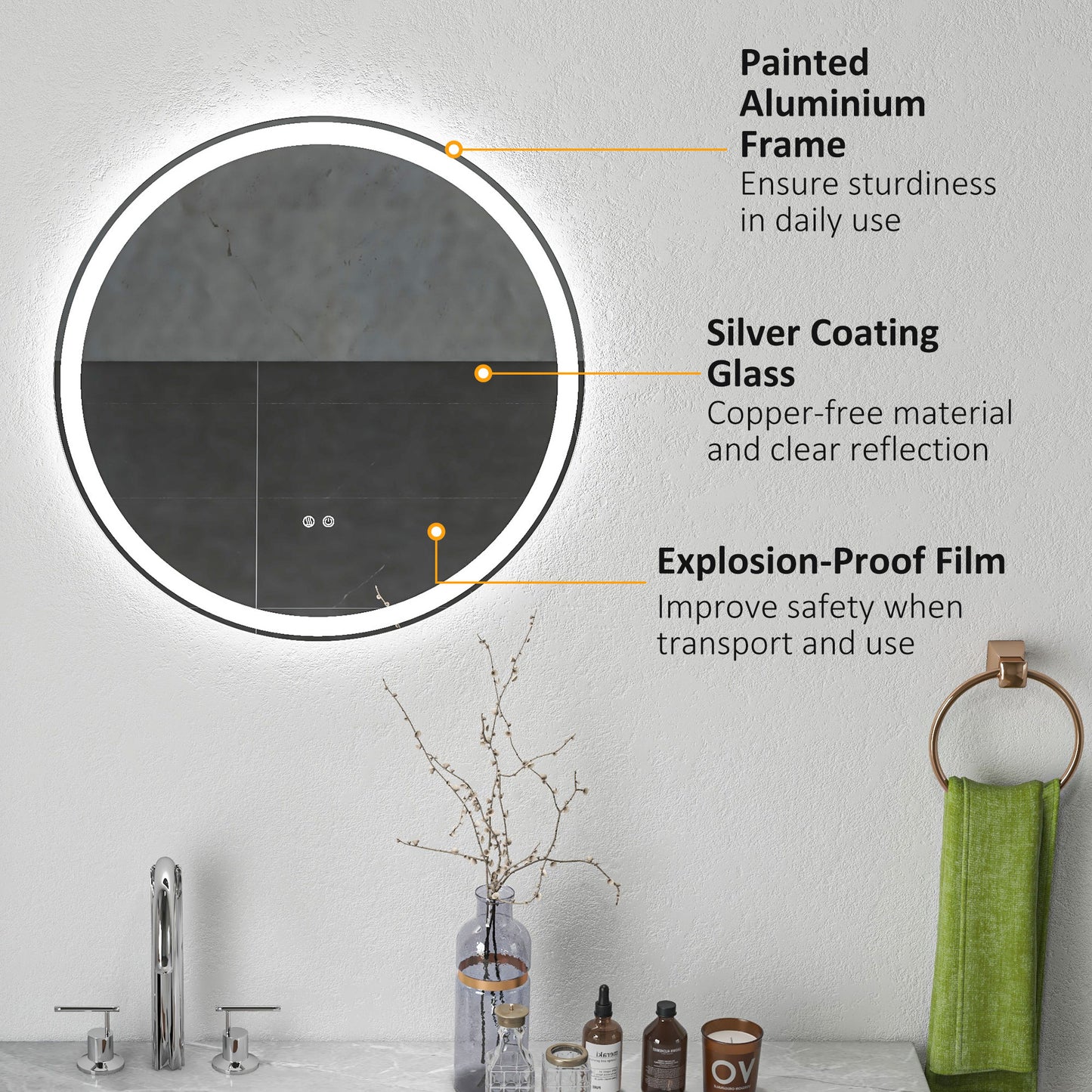 kleankin Round Bathroom Mirror with LED Lights, Wall Mount Dimmable Makeup Mirror with 3 Temperature Colours, Defogging Film and Memory Function, Frameless, Hardwired, 60 x 60Â cm