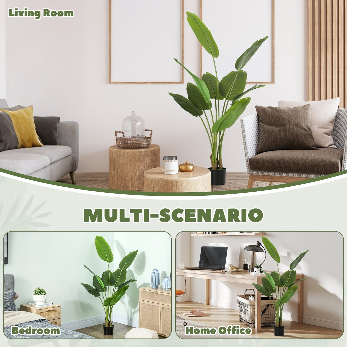 HOMCOM 160cm Tall Artificial Bird of Paradise Plant, Faux Banana Leaf Tree with PEVA Leaves and Flocking, Decorative Palm Tree in Pot for Home Office Decor, Green