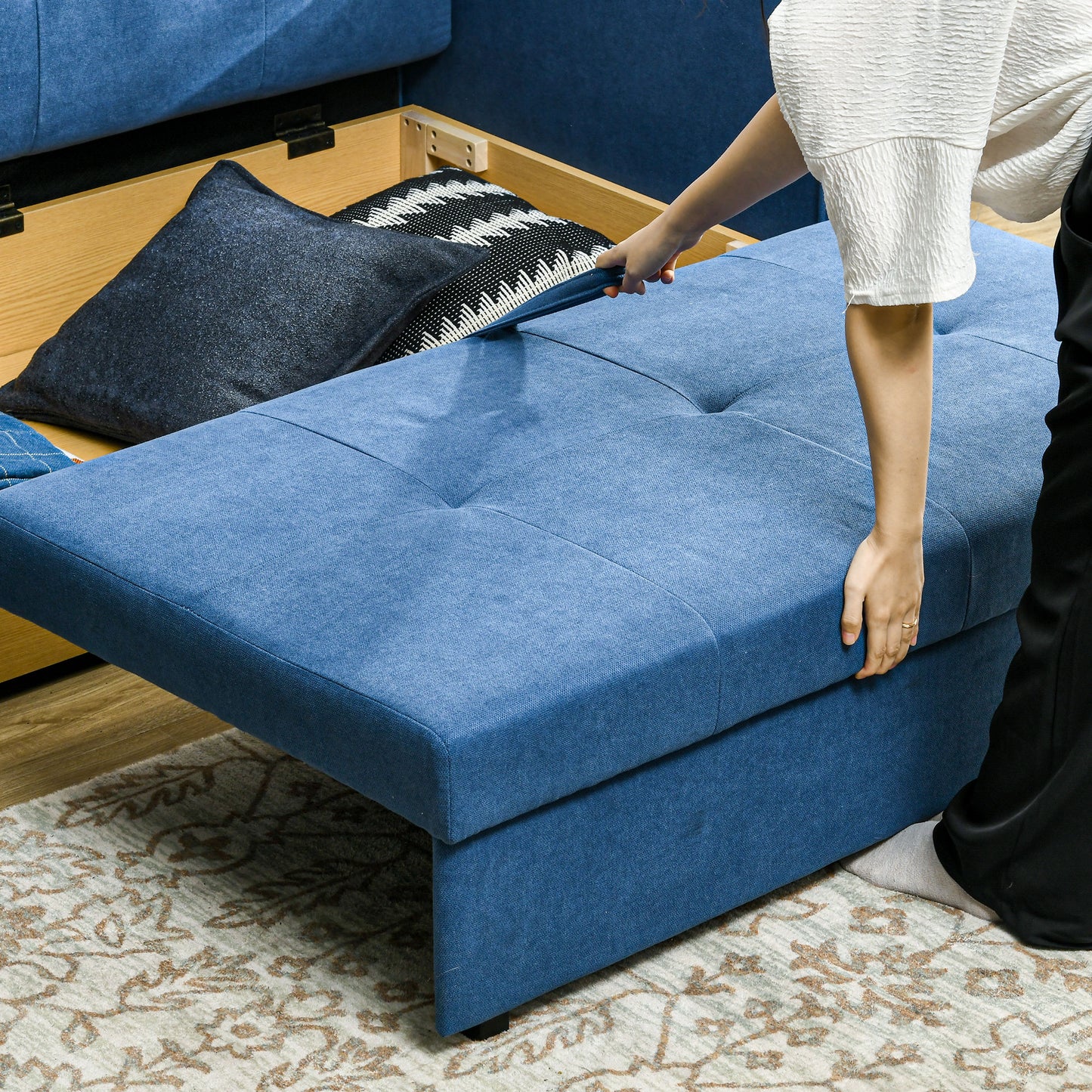 HOMCOM 2 Seater Sofa Bed, Convertible Bed Settee, Modern Velvet Loveseat Sofa Couch with 2 Cushions, Hidden Storage for Living Room, Guest Room, Deep Blue