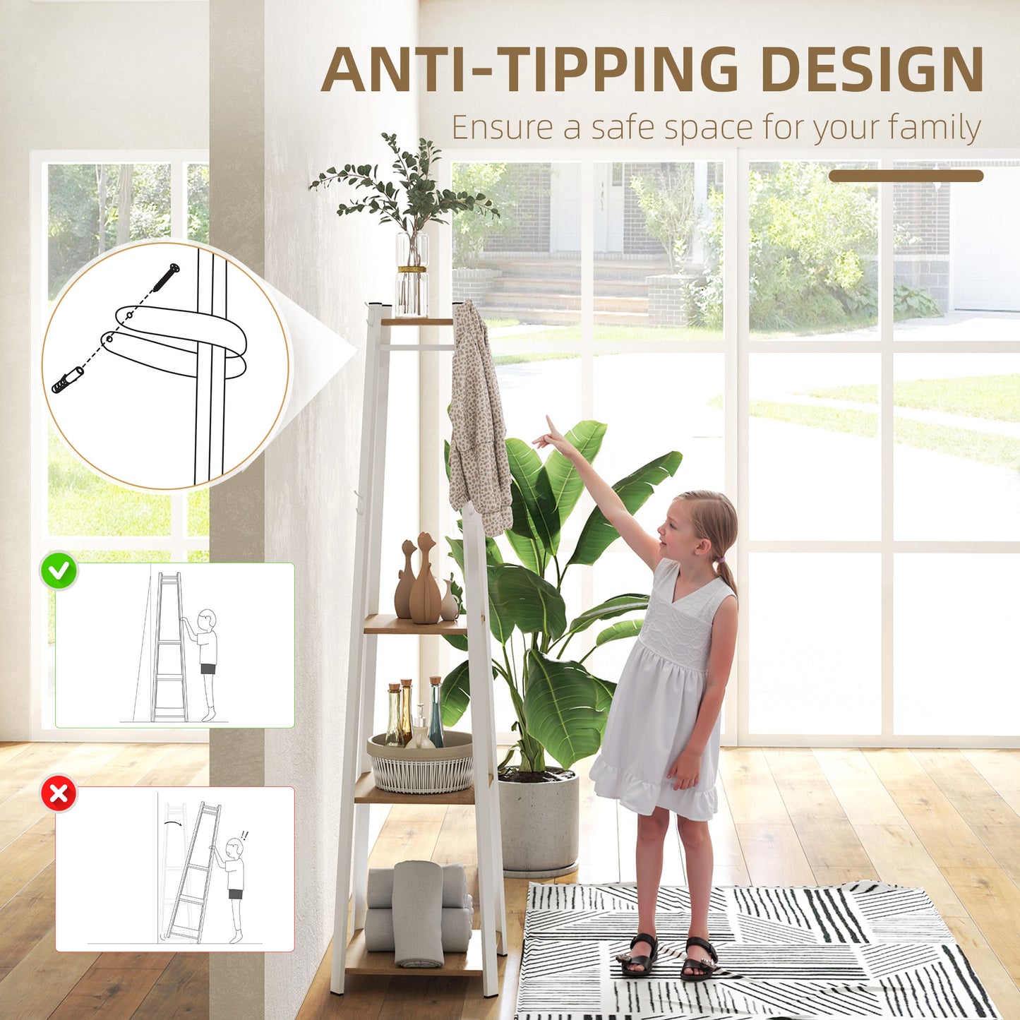 HOMCOM Compact Freestanding Coat Rack - White/Oak
